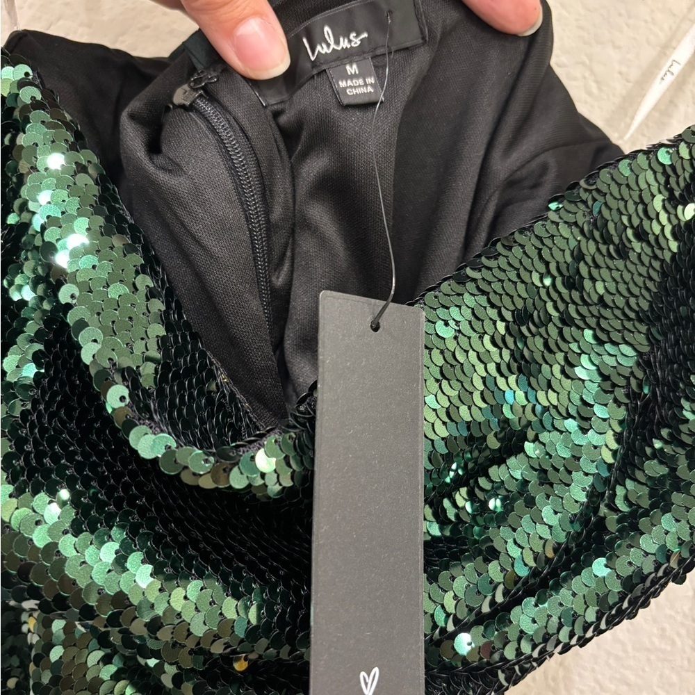 NWT Lulus Emerald Green Sequin Cowl Neck Mini Dress - Picture 4 of 7